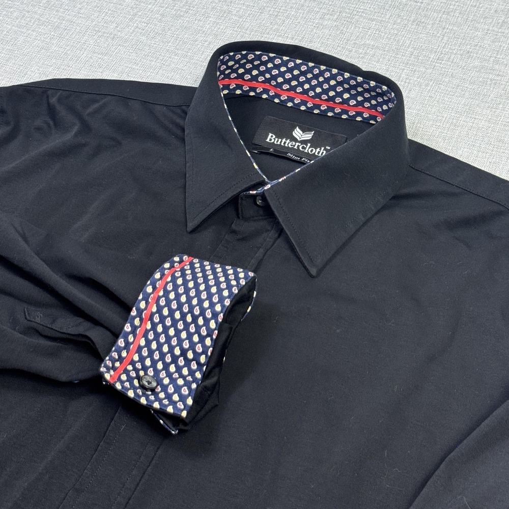 Buttercloth Dress‎ Shirt Mens Large Black Slim Fit Point Collar Long Sleeve